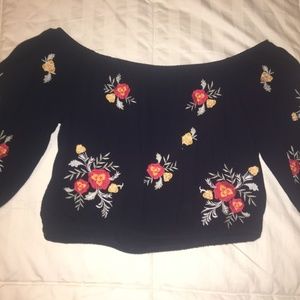 navy and floral off the shoulder crop top